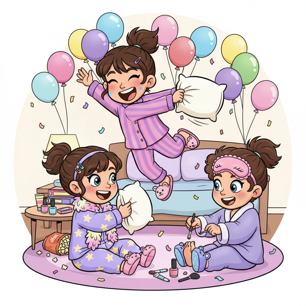 Inside, a group of girls, all in colorful pajamas, were having a fantastic time. They were giggling, painting nails, and having a pillow fight, surrounded by balloons and sparkling decorations.