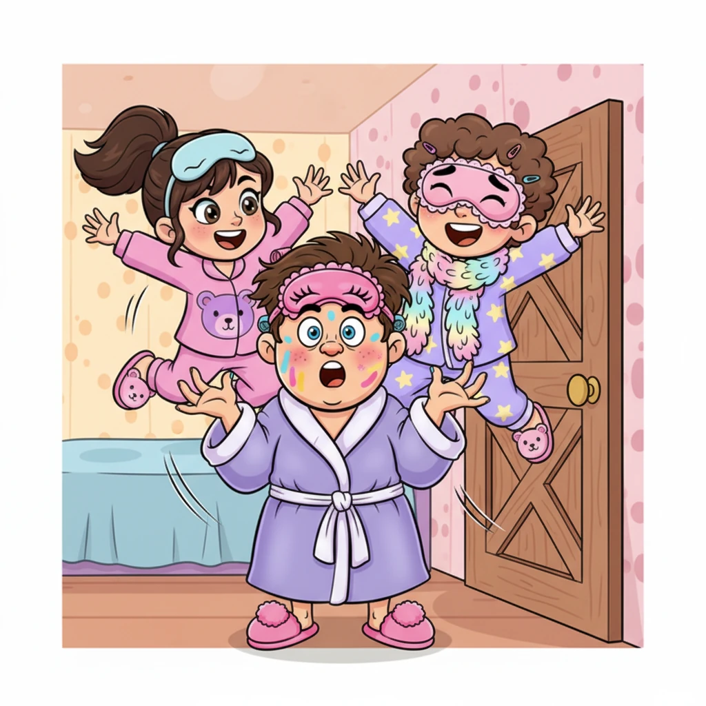 Barnaby's heart leaped! He tried to scramble away, but the girls, quick as lightning, burst out the door. They surrounded him with playful shouts and a flurry of bright pajamas.