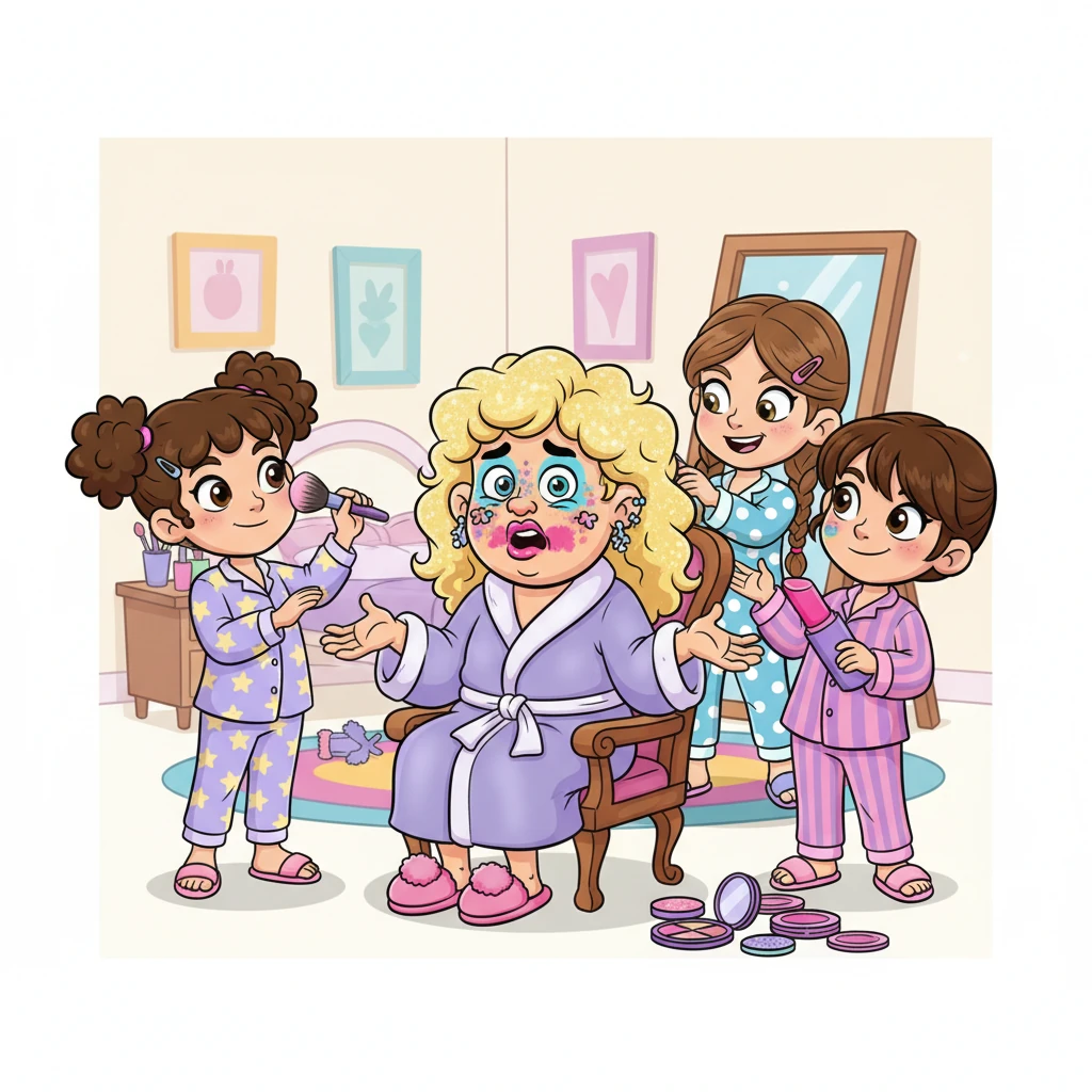 First came the makeover! Barnaby found himself in a chair, as the girls expertly applied bright pink lipstick, sparkly blue eyeshadow, and a long, curly blonde wig, making him look utterly transformed.