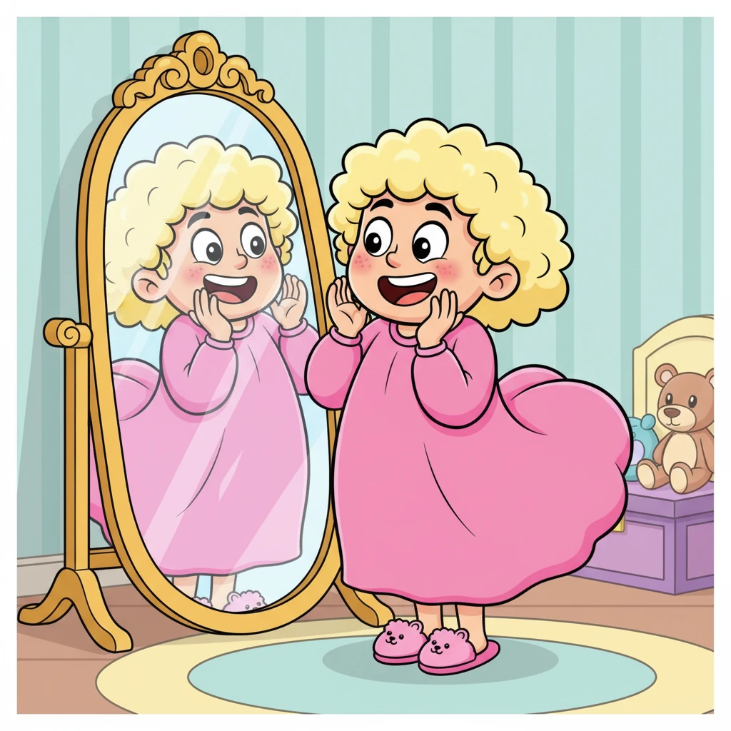Standing before a full-length mirror, Barnaby saw his reflection. He was now a giggling, pink-clad vision, complete with a blonde wig and a very puffy backside. He couldn't help but let out a small, surprised laugh.