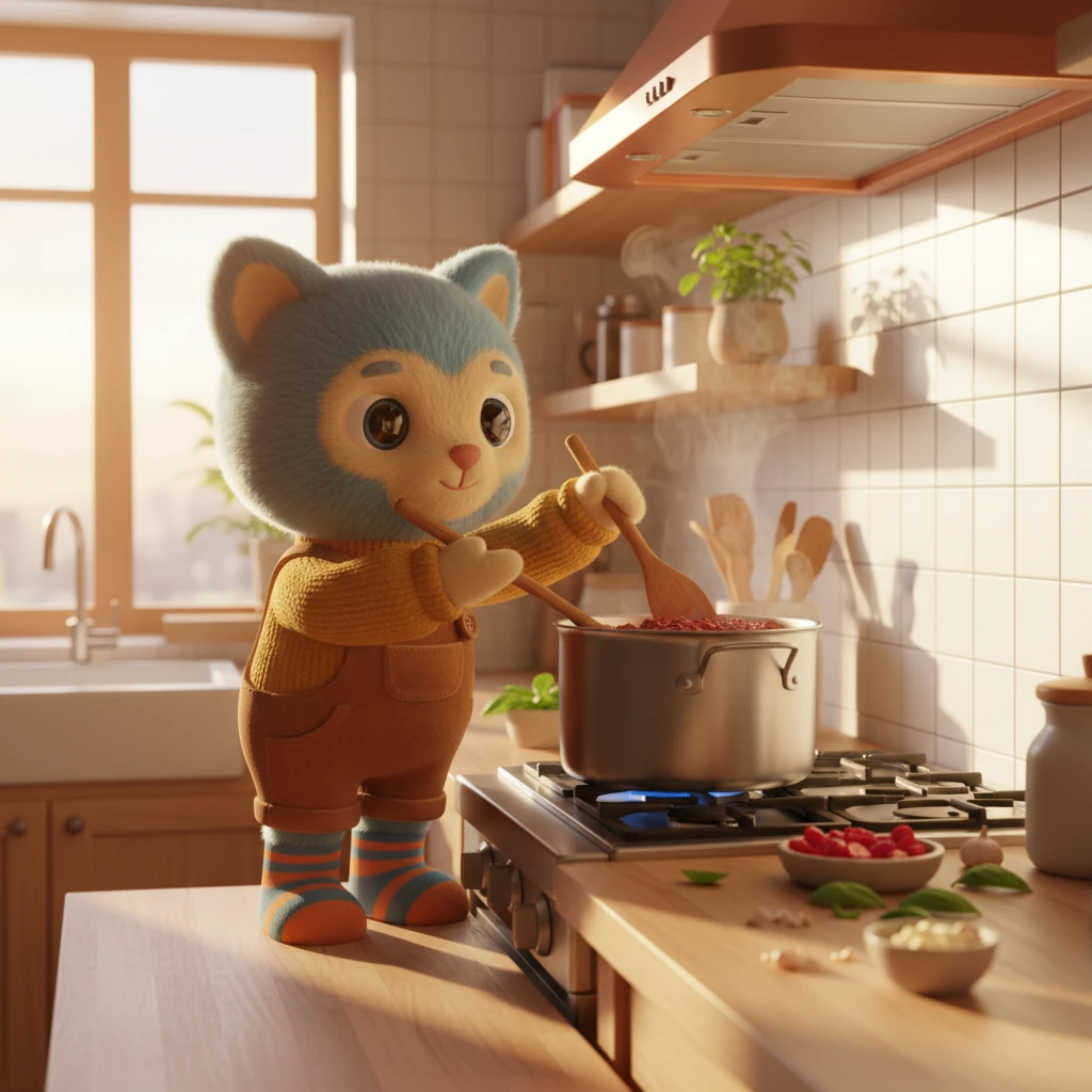 Phos stands in the warm glow of his kitchen, expertly stirring a rich, simmering pot of his famous bolognese. The air is thick with delicious aromas, and the setting sun casts long, inviting shadows across the polished countertops. Every detail, from the glistening sauce to the perfectly chopped ingredients, speaks of a meal prepared with love.