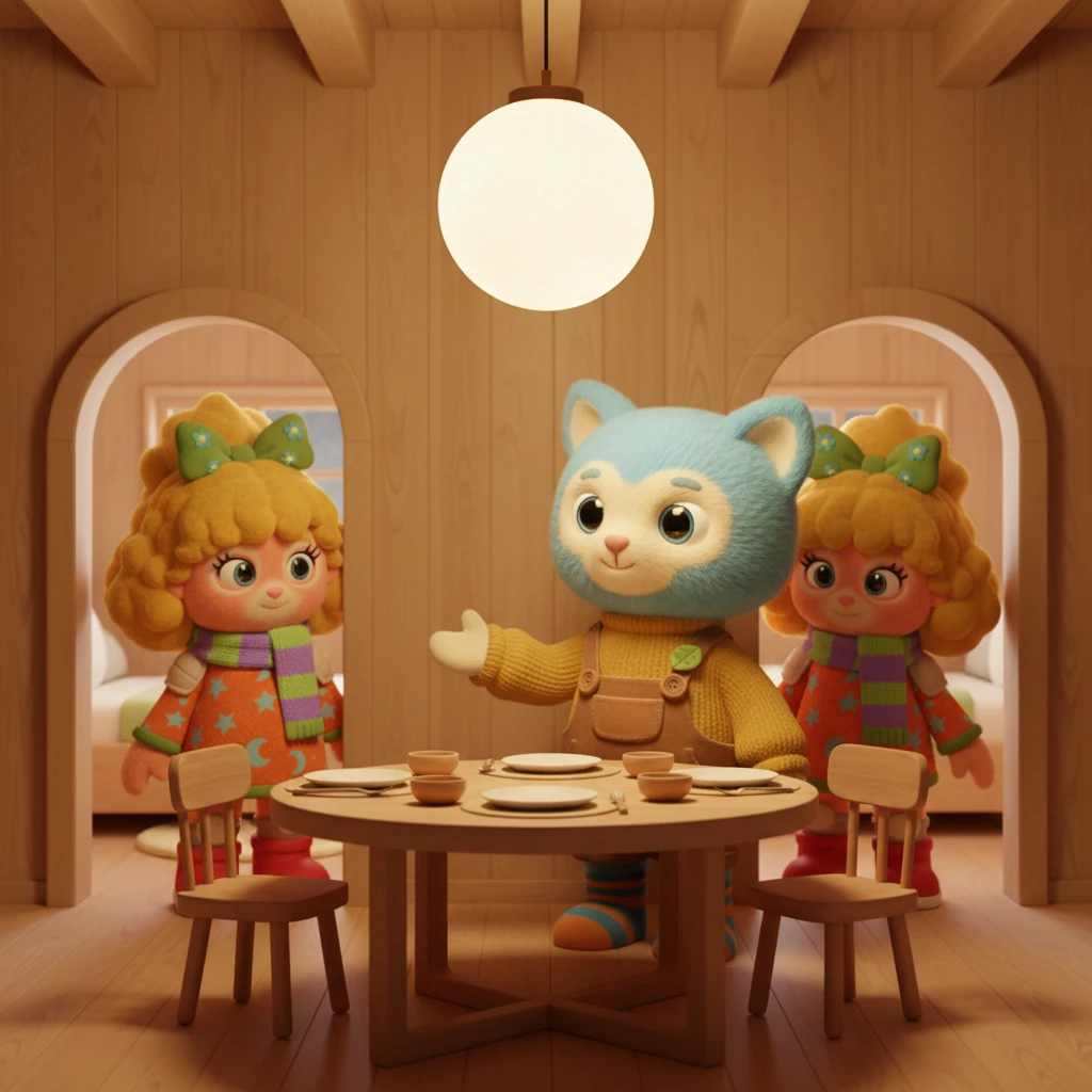 With a cheerful call, Phos summons Susi and Sonja to the dining table, which he has thoughtfully set for three. The twins emerge from their rooms, their identical blonde hair flowing, a hint of shyness and anticipation in their expressions. The inviting scene promises a comforting evening ahead.