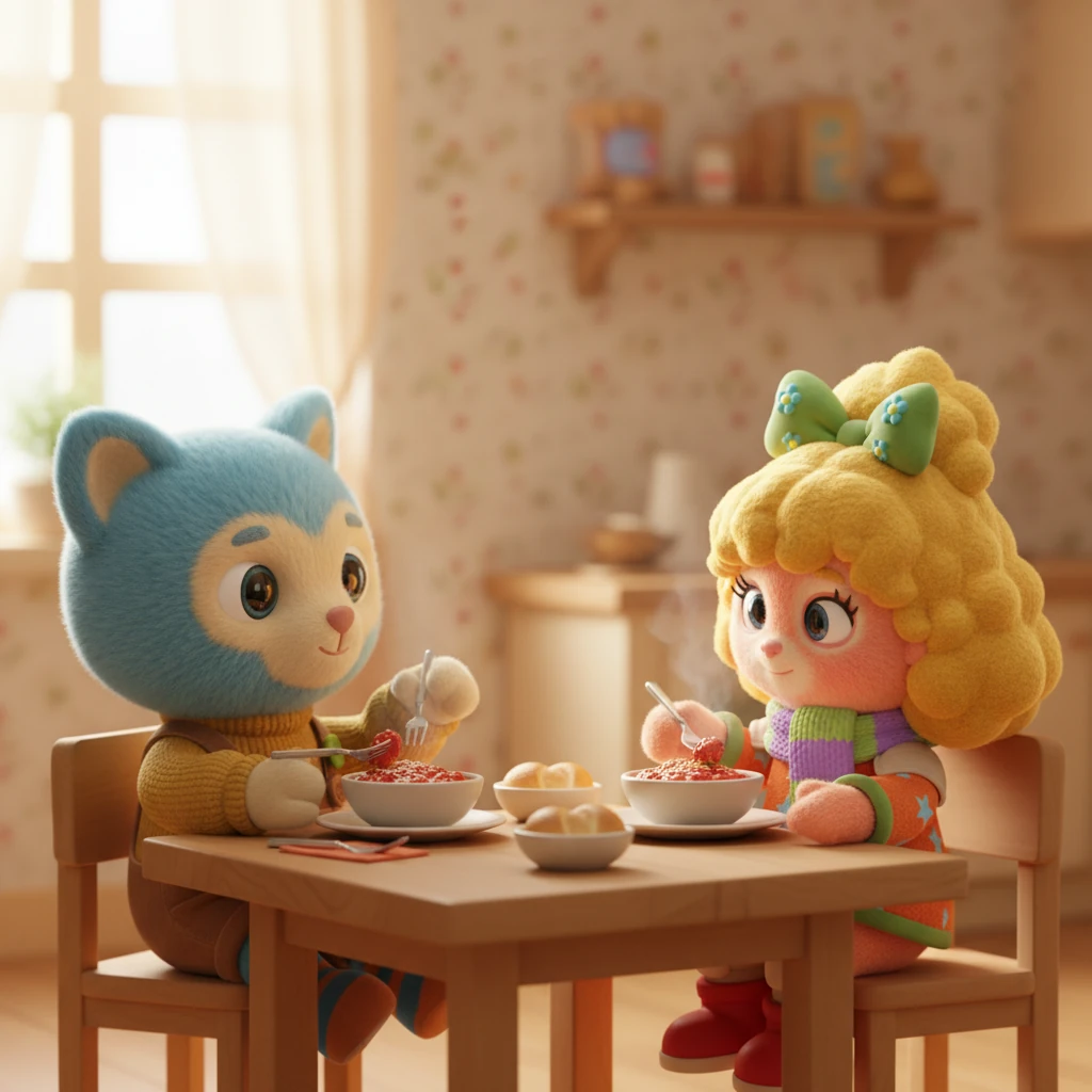 The three sit together, sharing the delicious bolognese. The clinking of forks and soft murmurs of appreciation fill the comfortable silence, punctuated by occasional glances exchanged between the twins and Phos. The meal is a simple, shared moment of domestic warmth and connection.