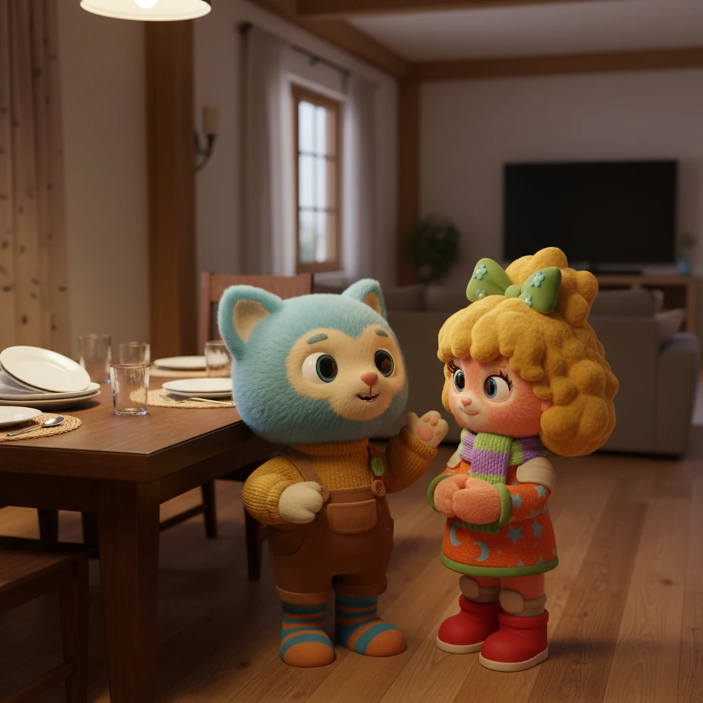 As dinner concludes and the dishes are cleared, Susi and Sonja exchange a subtle, knowing look. Sonja, with a touch of hesitation, suggests they have a horror movie night. Susi quickly agrees, her eyes sparkling with a playful, yet hopeful, glint.