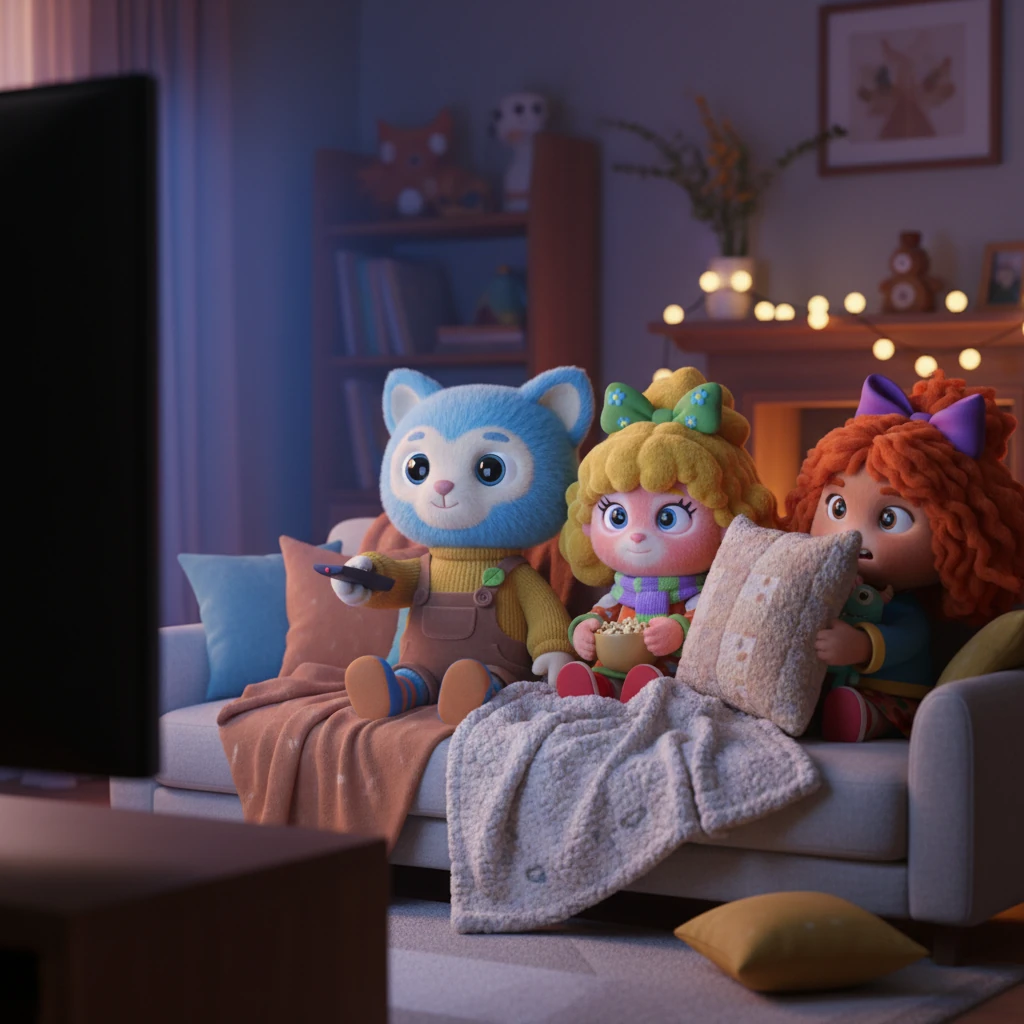 The living room transforms into a cozy sanctuary, with dimmed lights, plush blankets, and soft pillows arranged on the sofa. Phos helps them select a classic horror film, setting the perfect mood for an evening of shared suspense and anticipated frights. The screen's glow casts a soft, eerie light.