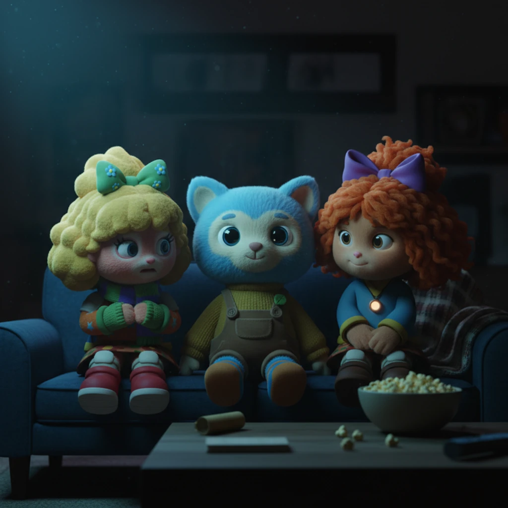 As the movie begins, the eerie silence is broken by sudden, jarring jump scares. Susi and Sonja initially sit upright, feigning bravery, but their shoulders tense with each unsettling sound. They subtly glance towards Phos, a silent plea for reassurance in their wide eyes.