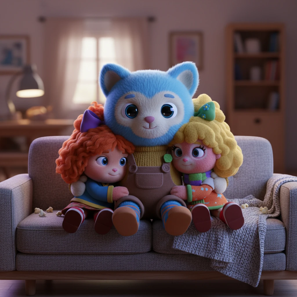 During a particularly terrifying scene, Susi instinctively scoots a little closer to Phos on the sofa, seeking comfort. Sonja, not wanting to be left out, follows suit, creating a small, cozy huddle around their stepfather. The flickering light from the screen highlights their anxious, yet content, faces.