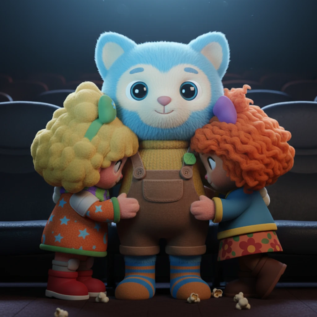 At the movie's most terrifying climax, both Susi and Sonja instinctively bury their faces slightly into Phos's side, seeking refuge from the on-screen horror. Their soft hair brushes against his arm, a moment of innocent closeness and shared vulnerability in the dim light. Phos offers a soft, understanding smile.