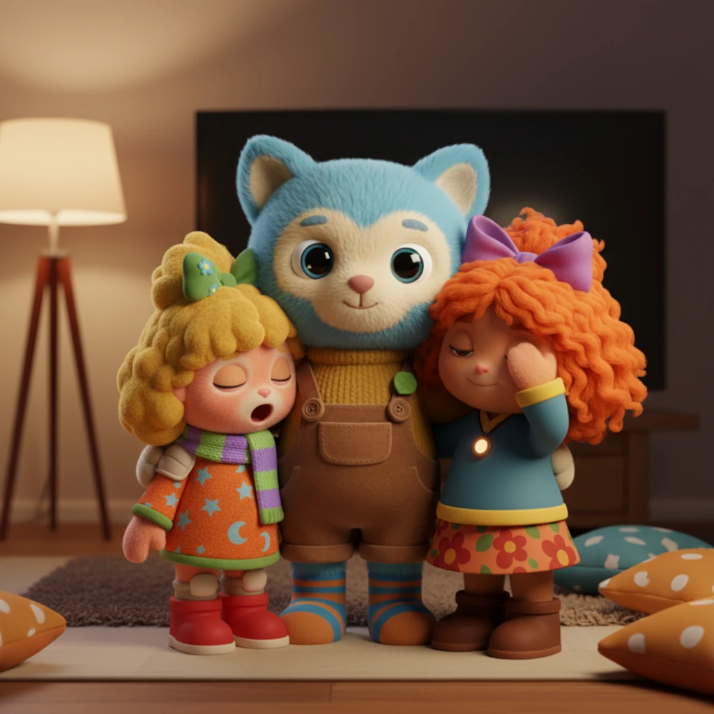 As the credits roll, the tension dissipates, replaced by a comfortable, sleepy warmth. The twins yawn, exchanging contented smiles with Phos. After a quiet goodnight, they head to their rooms, carrying the lingering feeling of security and the special bond forged during their cozy horror night.