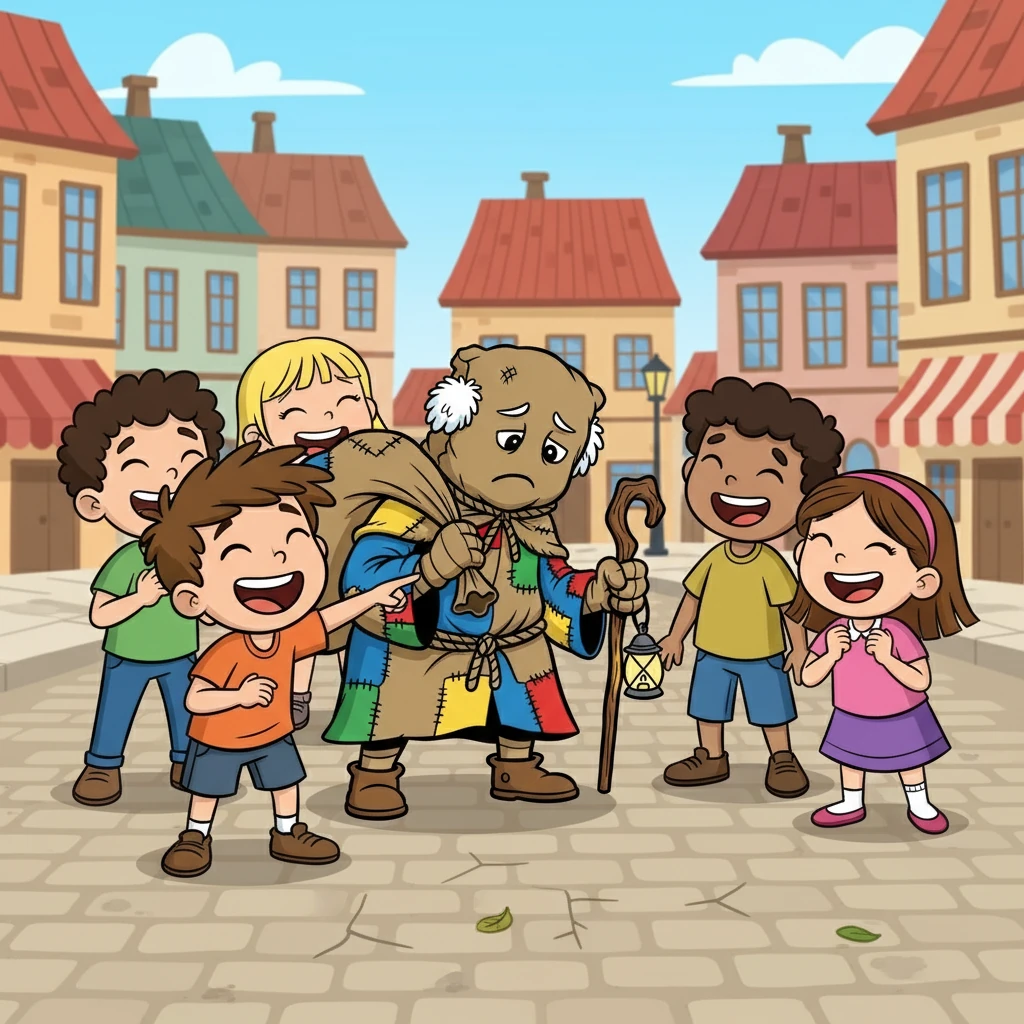 No meio da praça, um grupo de crianças, lideradas por João, ria e zombava da história. Eles não acreditavam em fantasmas nem em velhos com sacos.