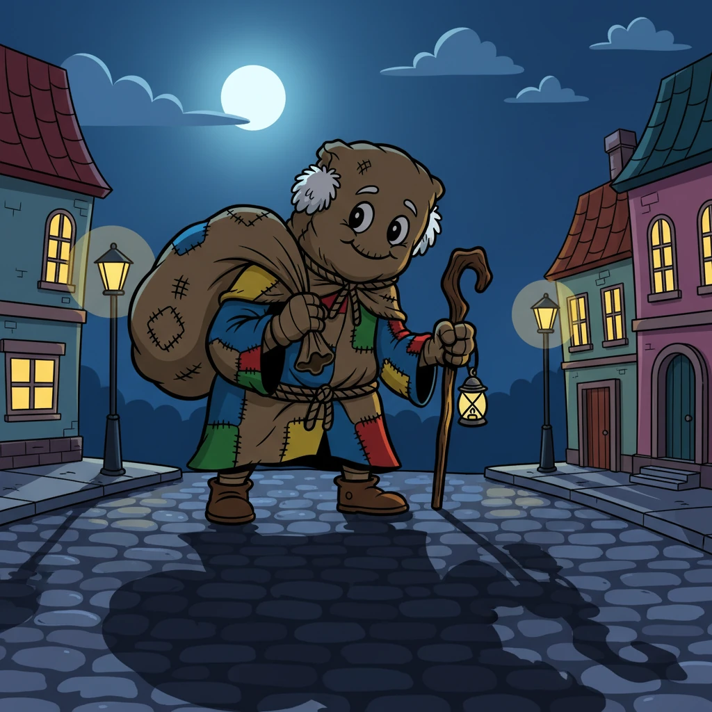 De repente, um vulto sombrio surgiu na esquina. Era ele, Zé Saco! Sua figura parecia maior e mais ameaçadora sob o luar.