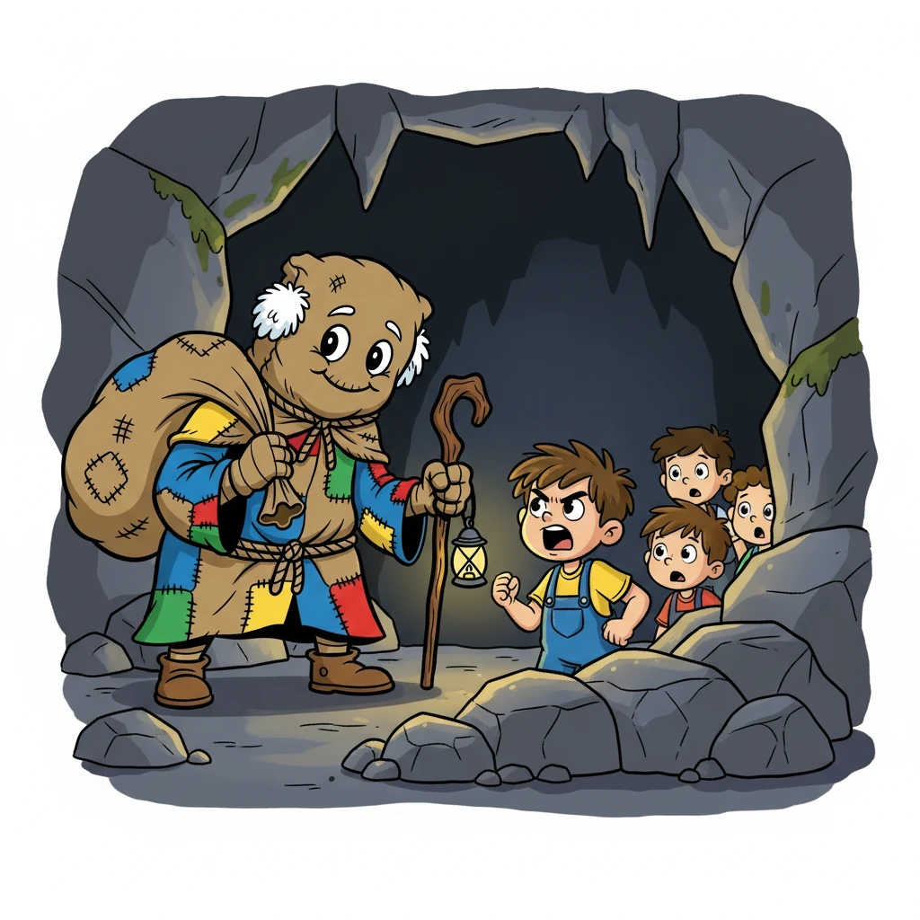 João, cheio de coragem, saiu de seu esconderijo e gritou para Zé Saco. "Nós não temos medo de você!"