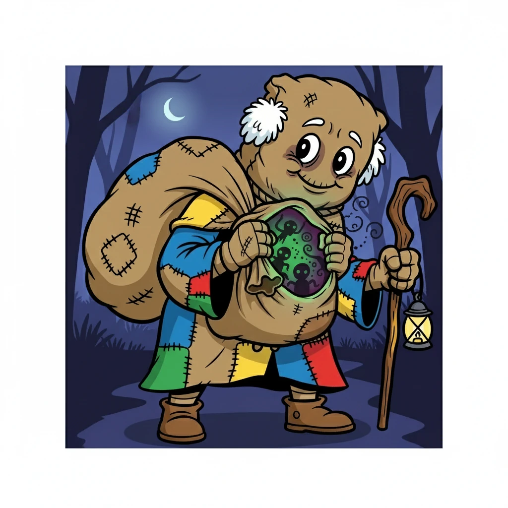 Zé Saco abriu o saco, revelando um brilho sinistro. Lá dentro, pareciam haver sombras e sussurros.