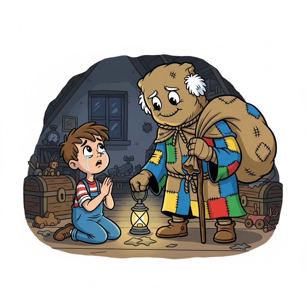 João, com a voz trêmula, pediu perdão a Zé Saco. Ele prometeu ser uma criança obediente e gentil.