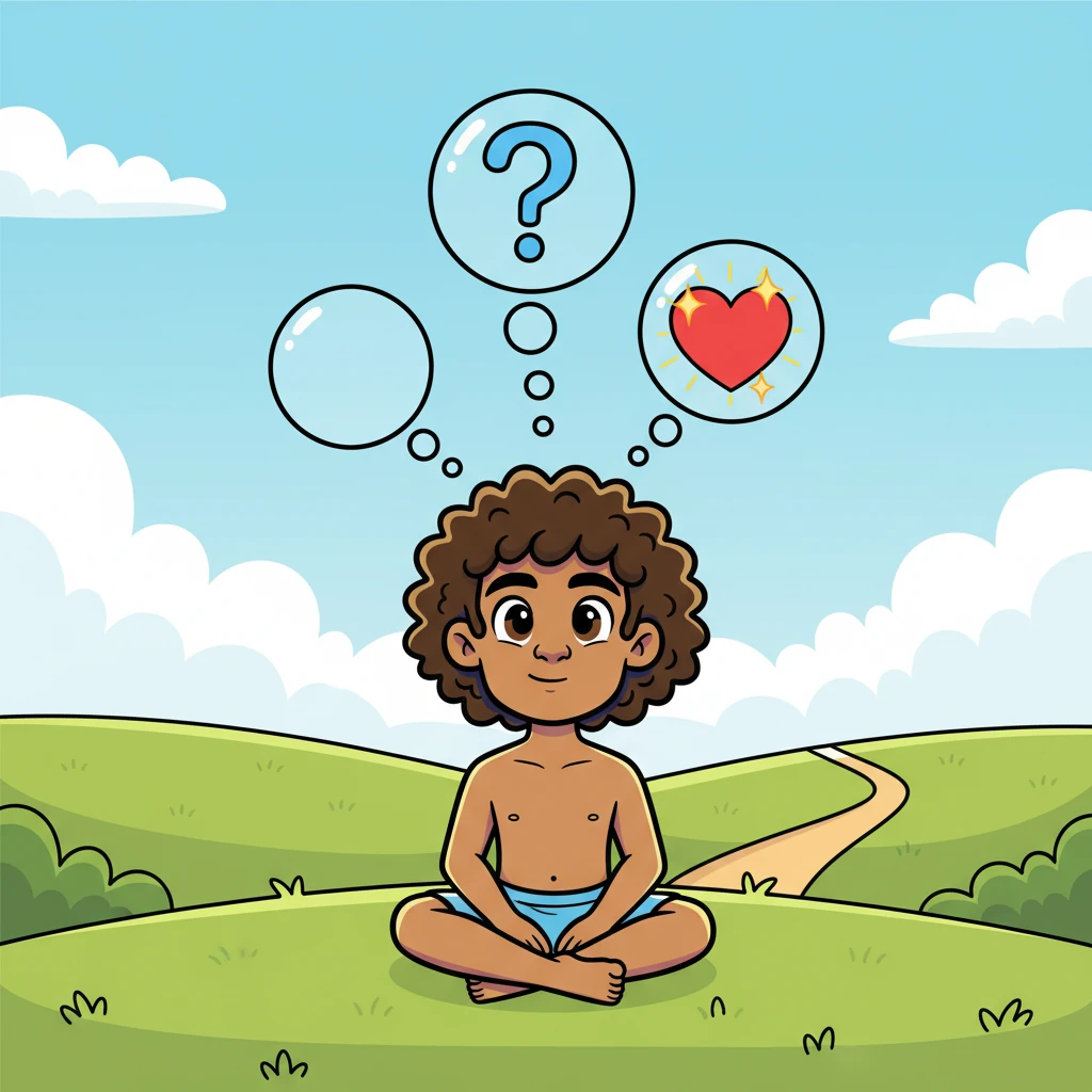 Leo está sentado, pensativo, com um leve sorriso. Acima dele, bolhas de pensamento flutuam, mostrando um ponto de interrogação se transformando em um coração brilhante. Ele se lembra do início de sua história, tão inesperada e sem roteiro.