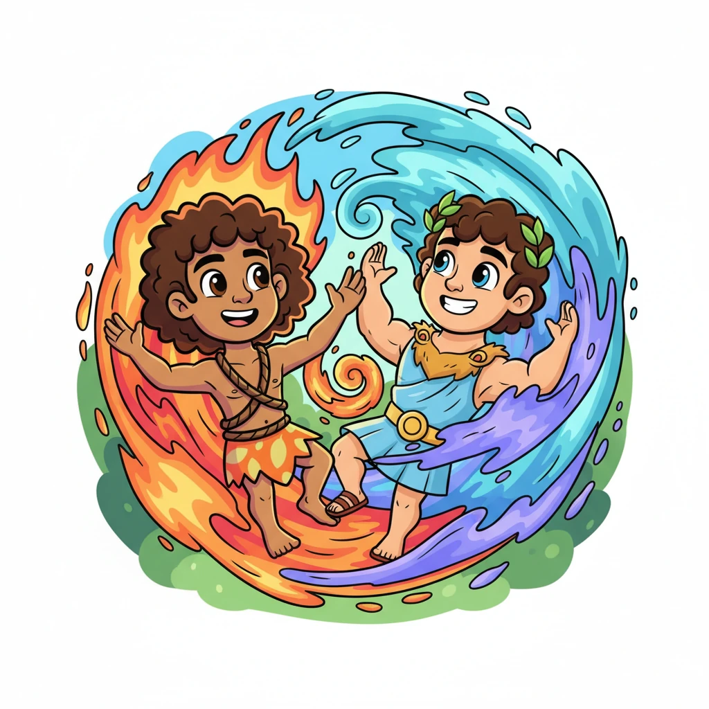 Leo e Maya, com formas que remetem ao fogo e à água, dançam e se misturam em um turbilhão de cores vibrantes. Seus elementos contrastantes criam uma harmonia mágica, mostrando um encontro de mundos que ninguém esperaria.