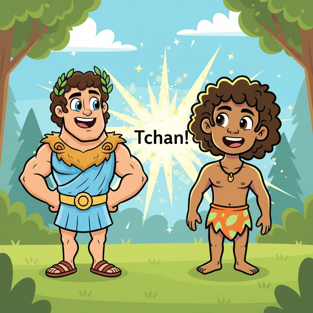 Leo e Maya se olham, os olhos arregalados de surpresa e alegria. Um 'Tchan' visual, como um clarão cintilante, aparece entre eles, simbolizando o clique instantâneo que fez a busca de Leo terminar.