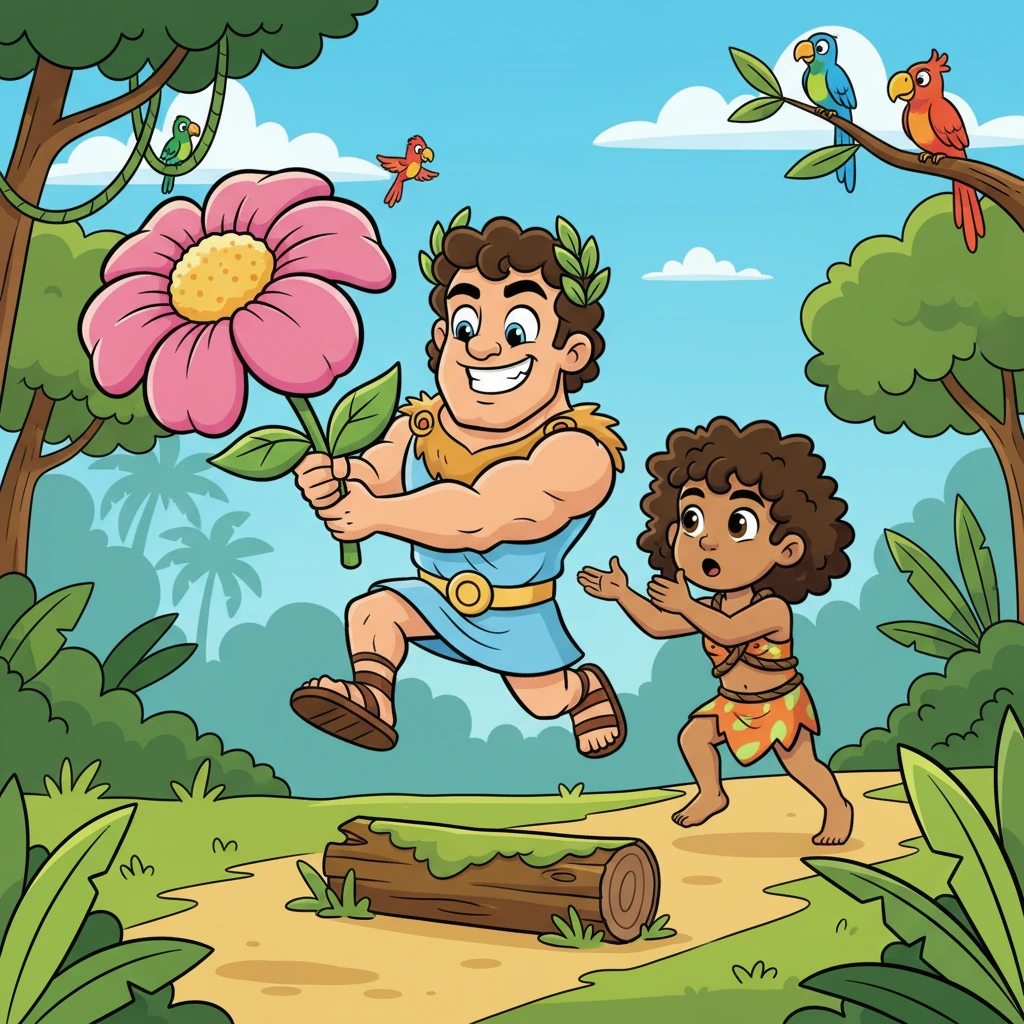 Leo, com um sorriso travesso e olhos brilhantes, salta sobre um pequeno obstáculo enquanto oferece a Maya uma flor gigante e exagerada. Ele faz algo levemente 'louco' por amor, mostrando a alegria de deixá-la entrar em sua vida.