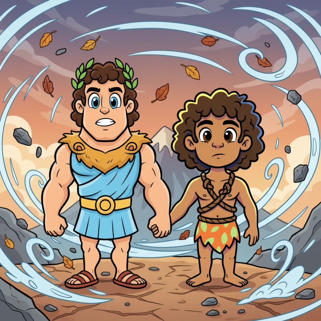 Leo e Maya estão lado a lado, com olhares determinados e corações unidos. Ao redor deles, elementos do ambiente parecem um pouco turbulentos, mas eles se mantêm firmes e juntos, prontos para enfrentar qualquer desafio.