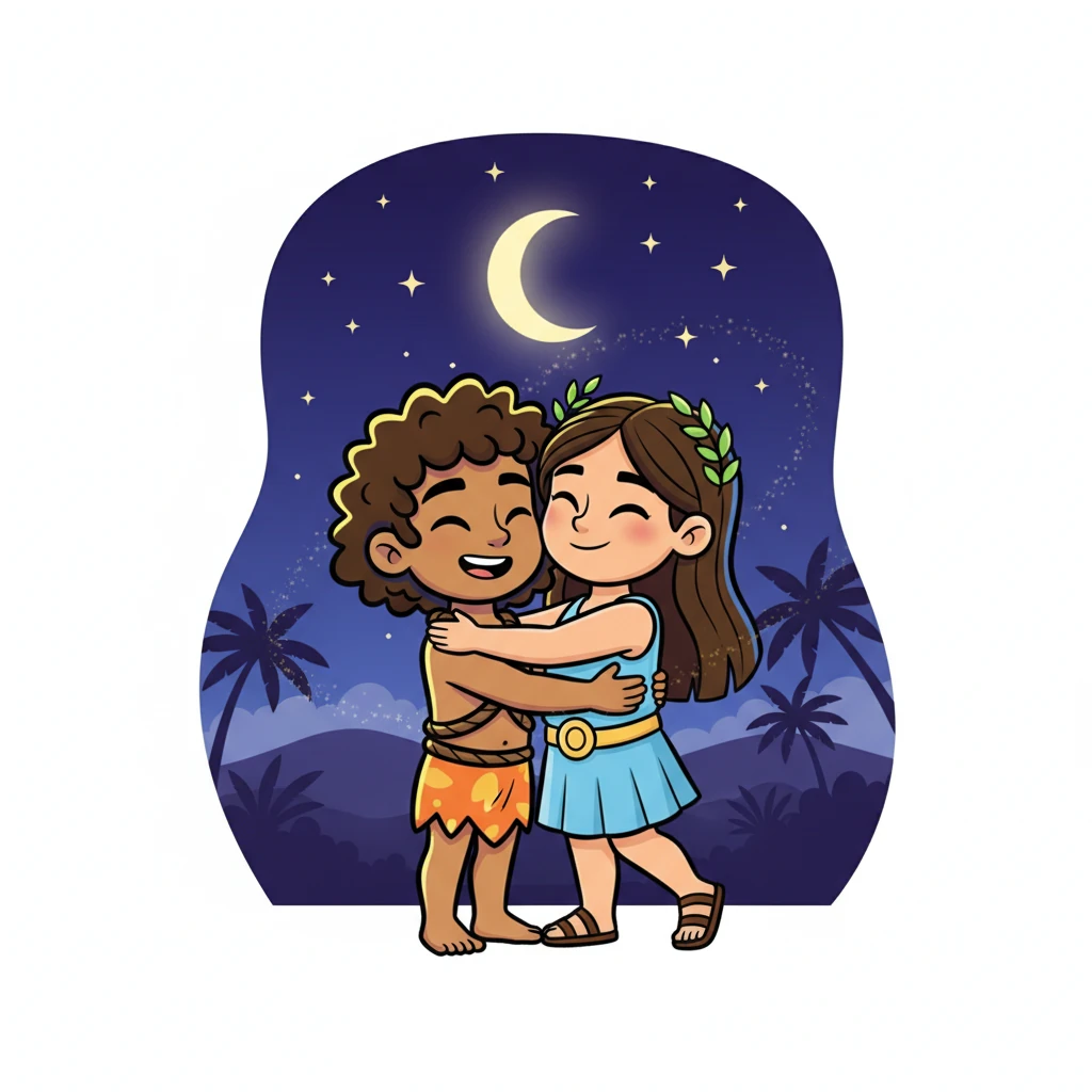 Leo e Maya compartilham um abraço suave, com estrelas cintilantes e uma lua crescente no fundo. A cena irradia uma sensação de pertencimento eterno, como se seus destinos estivessem entrelaçados para sempre.