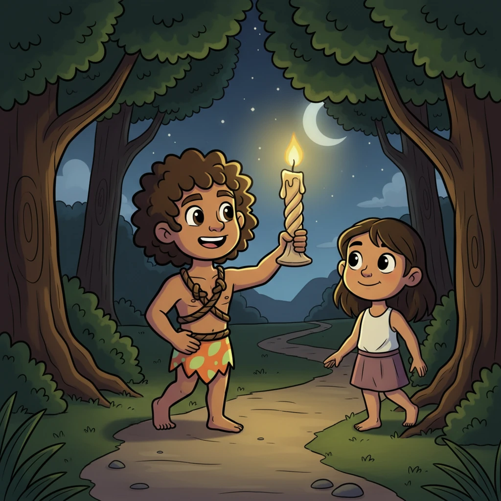 Leo segura uma vela whimsical que emite uma luz quente e brilhante, guiando Maya por um caminho ligeiramente escuro, mas seguro. Ele a acompanha com um sorriso tranquilizador, prometendo afastar suas tristezas e iluminar seu caminho, escolhendo-a mil vezes.