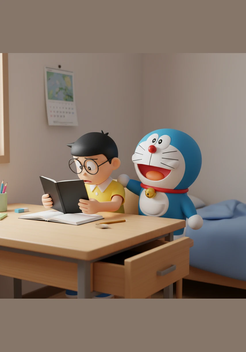 Nobita sits slumped at his wooden desk, staring at a blank sketchbook with a heavy sigh. Doraemon emerges from the desk drawer, his round blue face beaming with a comforting smile as he places a gentle hand on Nobita's shoulder.