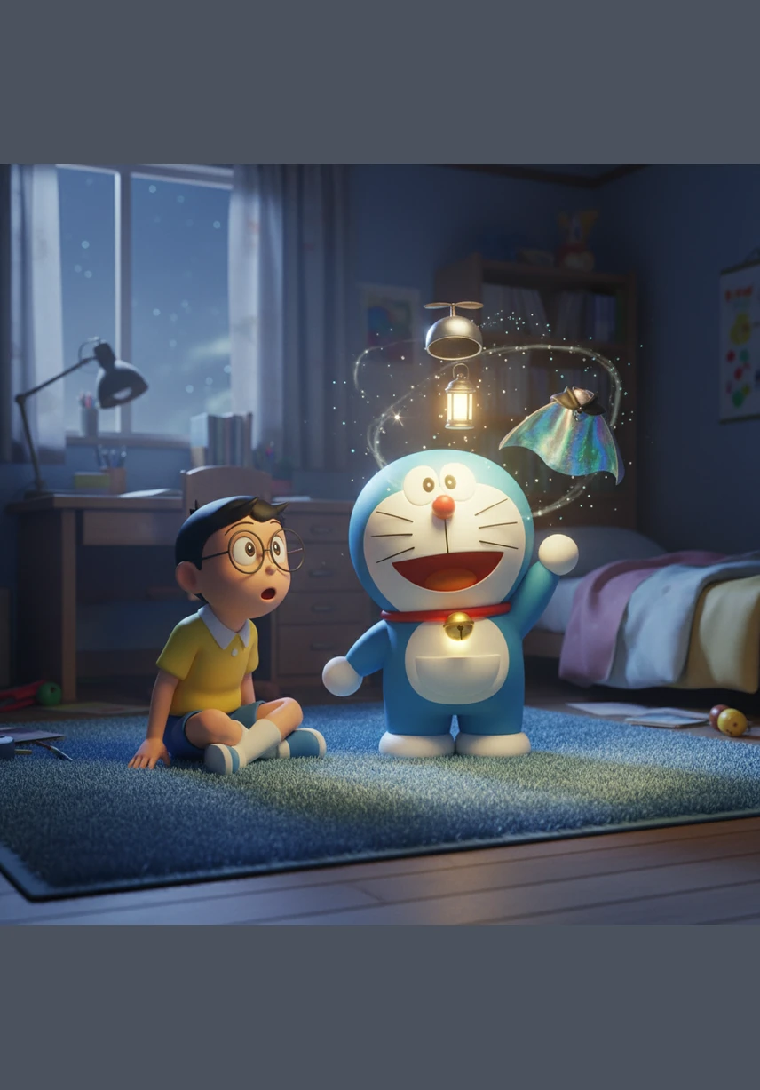 Doraemon reaches into his 4D pocket and pulls out a shimmering, silver telescope that sparkles with stardust. As he extends the gadget, the small bedroom transforms into a swirling galaxy of soft blues and glowing purples.