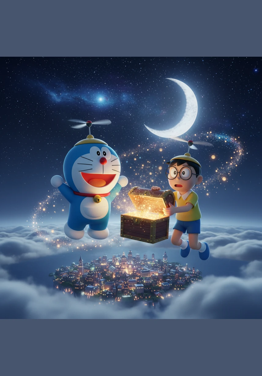 They step through the iconic pink Anywhere Door and find themselves standing on soft, marshmallow-like clouds high above a miniature world. The air is filled with the sweet scent of summer rain and the distant sound of golden bells.