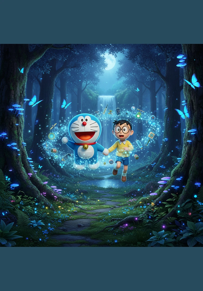 Hand in hand, they glide through a vibrant forest where the leaves are made of emerald glass and the flowers glow like lanterns. Nobita laughs with pure joy as a group of tiny, glowing spirits dances around his head.