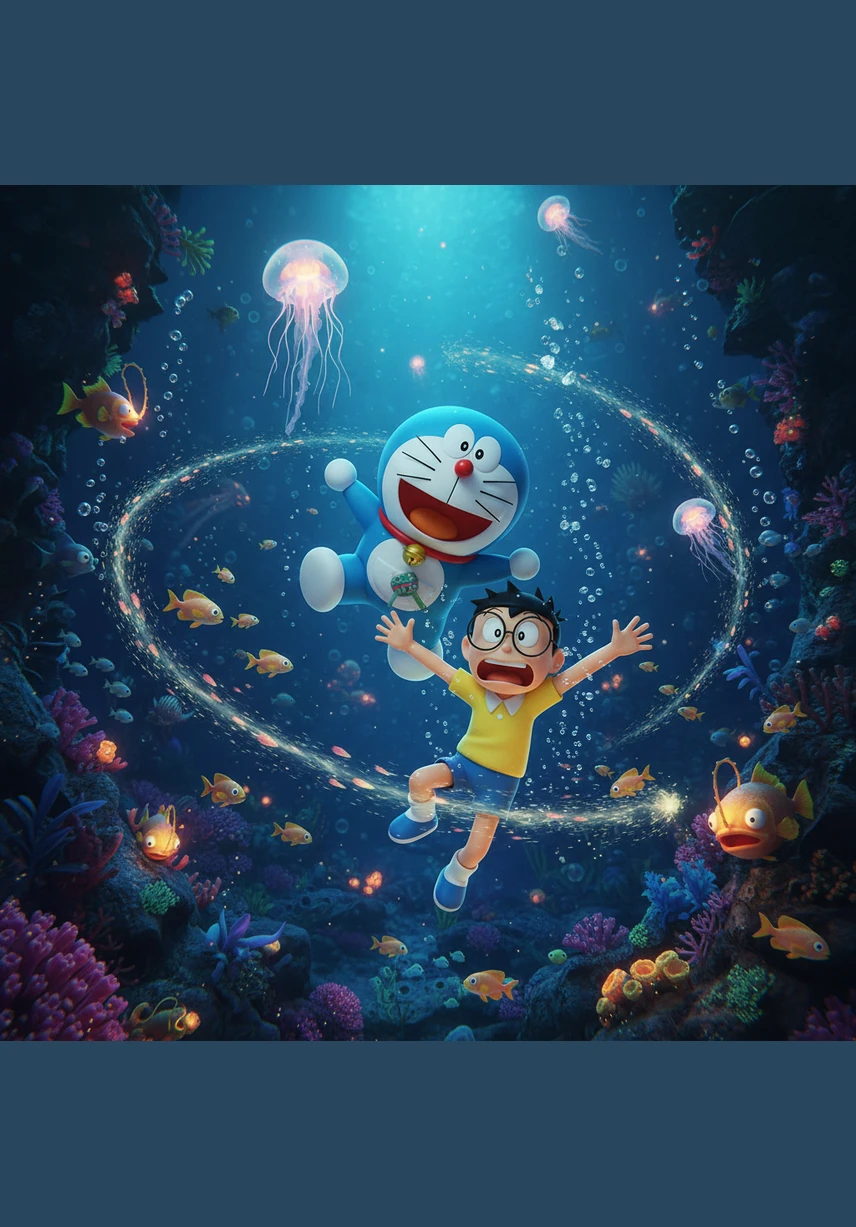 The duo plunges into a deep, bioluminescent sea where giant jellyfish pulse with rhythmic, calming light. They swim effortlessly among schools of fish that leave trails of glitter in the clear turquoise water.