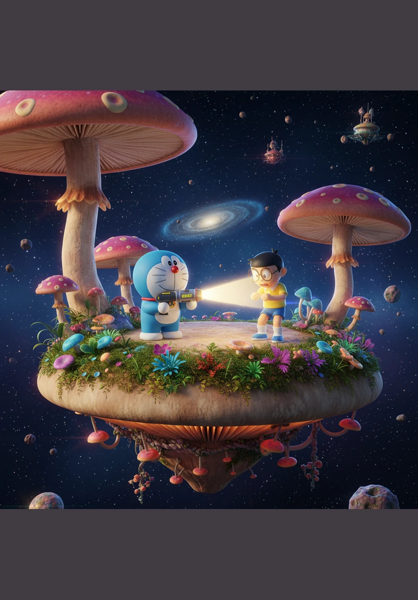 They land on a floating island made of giant, ancient books where the pages turn by themselves in the gentle wind. Doraemon points to a special golden book that radiates a warm, encouraging light.