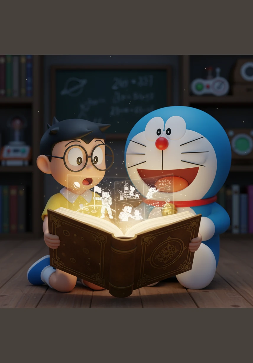 Nobita opens the golden book and sees a moving illustration of himself helping others and achieving his greatest goals. His eyes widen with wonder as he realizes that his potential is as vast as the universe itself.