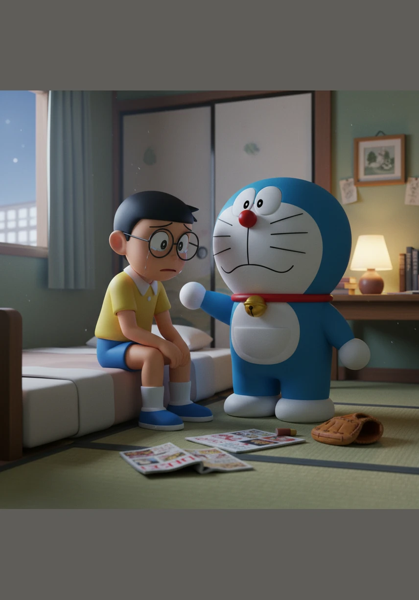 As the sun begins to set over a horizon of floating mountains, the two friends sit together and share a plate of warm dorayaki. The sky is a masterpiece of orange, pink, and deep violet hues reflecting on the water below.