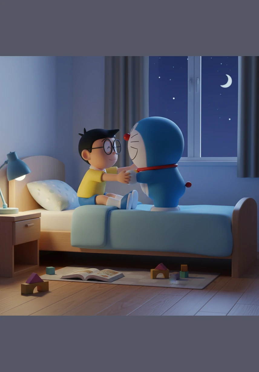 Returning to the quiet safety of his bedroom, Nobita picks up his pencil with a determined look and a bright, confident smile. Doraemon sits nearby, munching on a final piece of cake while watching his friend with immense pride.