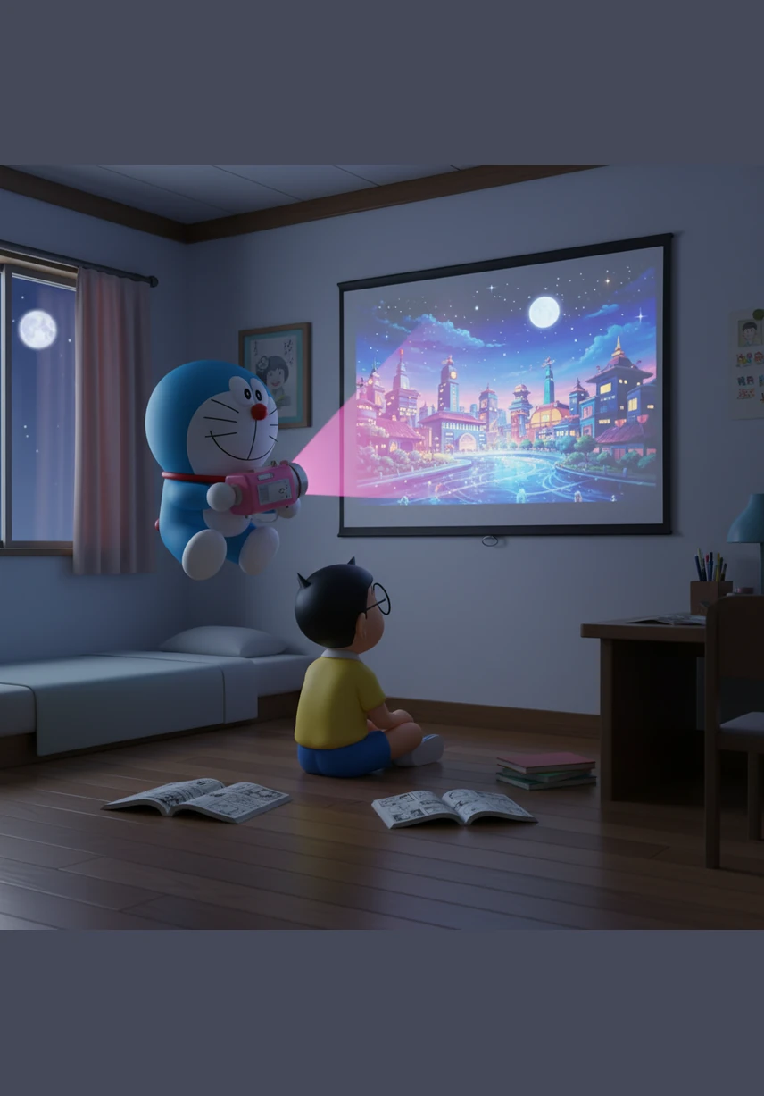 The moon shines through the window, casting a silver glow over Nobita as he finally finishes his masterpiece. Doraemon leans against the desk, both of them finding peace in the magic of their enduring and unbreakable friendship.