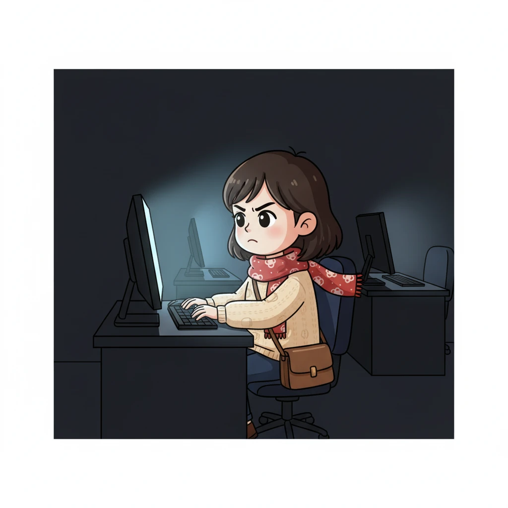 办公室里，深夜时分，只有林晓和陈姐的工位亮着灯。林晓的电脑屏幕发出幽幽的光，映照出她紧锁的眉头。