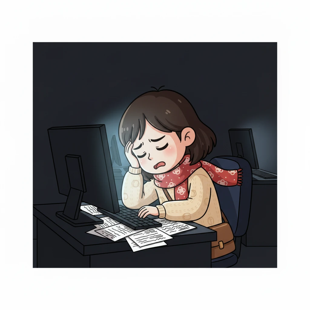 她小声嘀咕着，声音里带着一丝沮丧，“怎么还是不行……明天就要交了。” 她揉了揉太阳穴，显得非常疲惫。