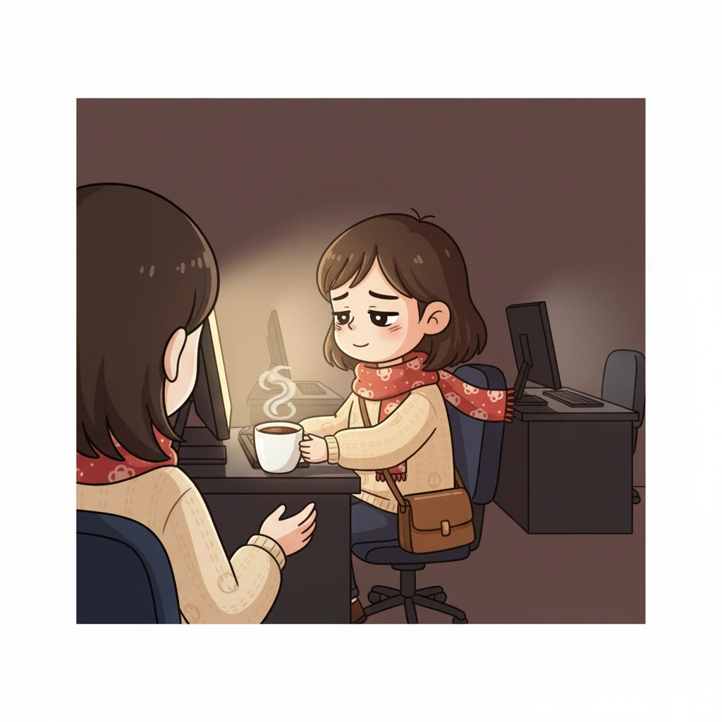 十分钟后，陈姐回来了，她轻轻地把一杯热咖啡放在林晓的桌前。咖啡杯散发着诱人的香气，温暖了冰冷的空气。