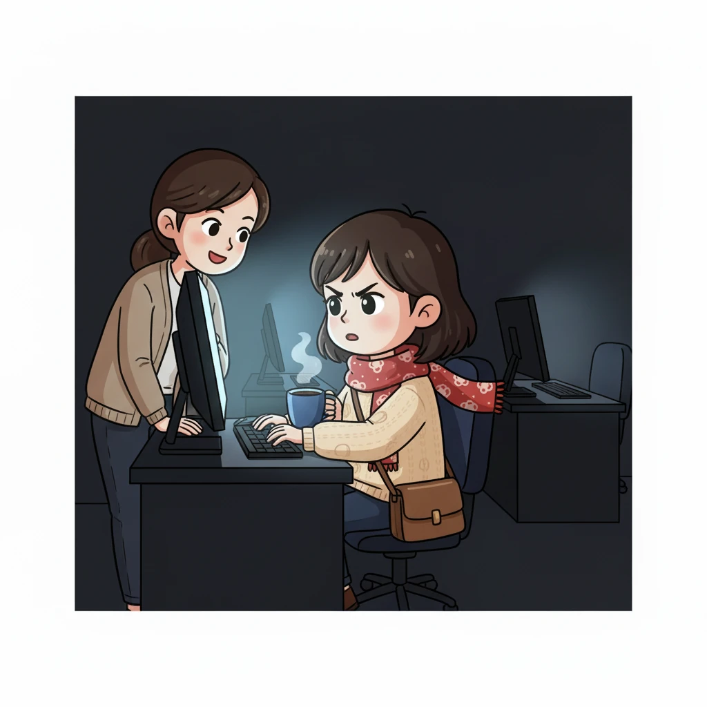 陈姐的嘴角微微上扬，声音里带着一丝关怀：“改完早点下班，身体重要。” 林晓握着热咖啡，手指恢复了力气，快速敲击键盘，屏幕上的方案也逐渐变得清晰起来。