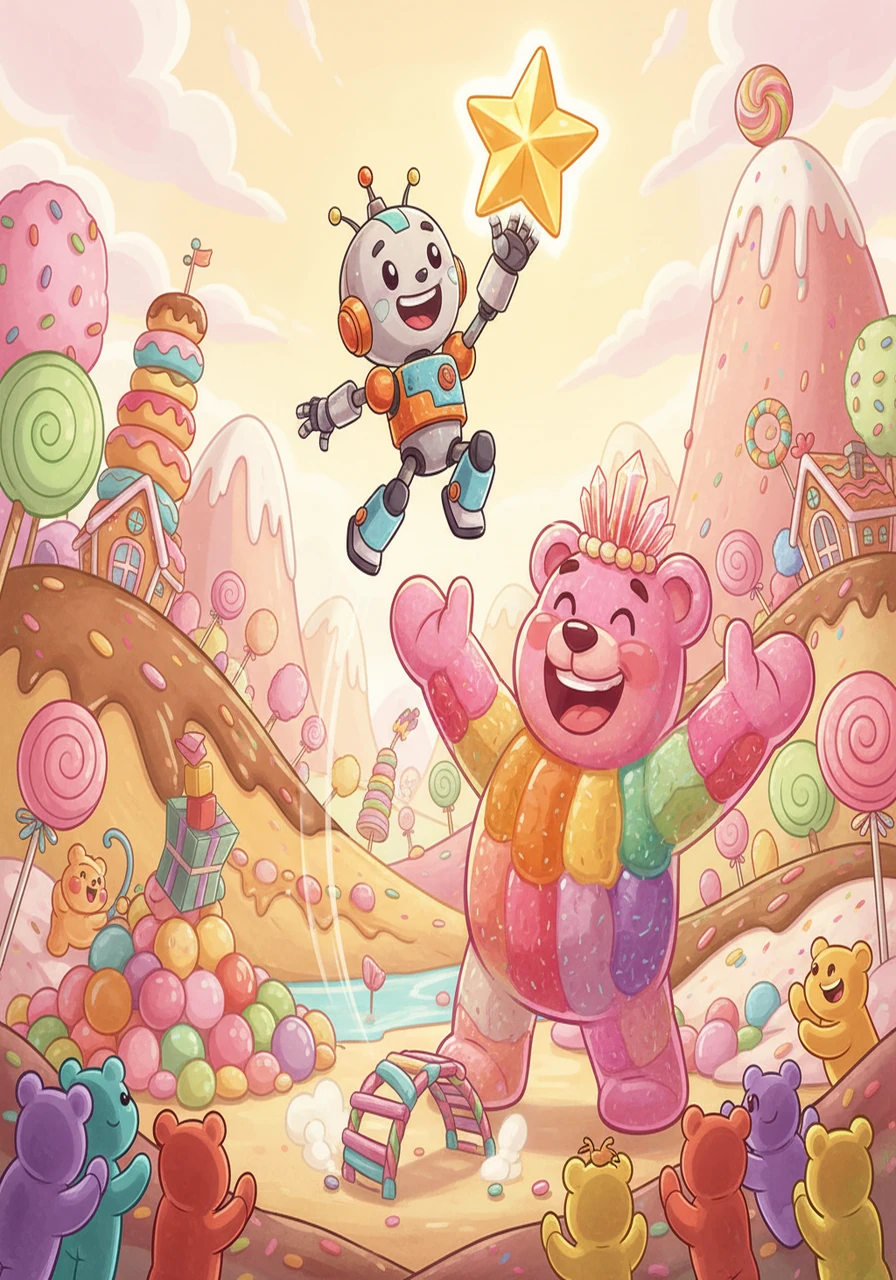 Bit's first challenge led him to the Candy Kingdom, ruled by a giant, gummy bear boss. The boss, named Gummy, challenged Bit to a jumping competition. Bit, after many failed attempts, learned the value of perseverance, finally mastering the perfect jump to win the first star.