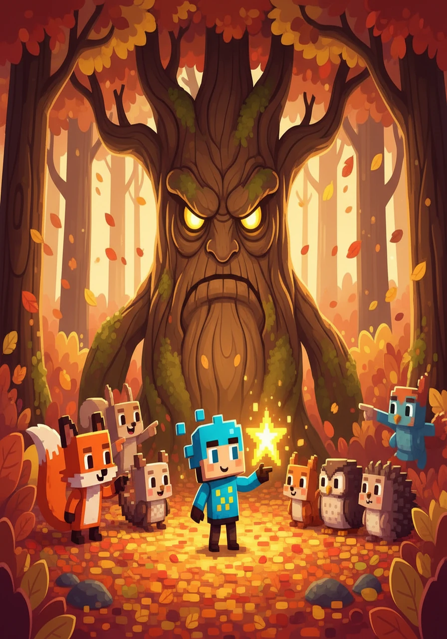 Next, Bit journeyed to the Forest of Falling Leaves, where he encountered a grumpy tree spirit boss. This boss, known as Elderwood, demanded Bit solve a riddle about friendship. By working together with a group of pixelated forest creatures, Bit correctly answered the riddle, earning his second star.