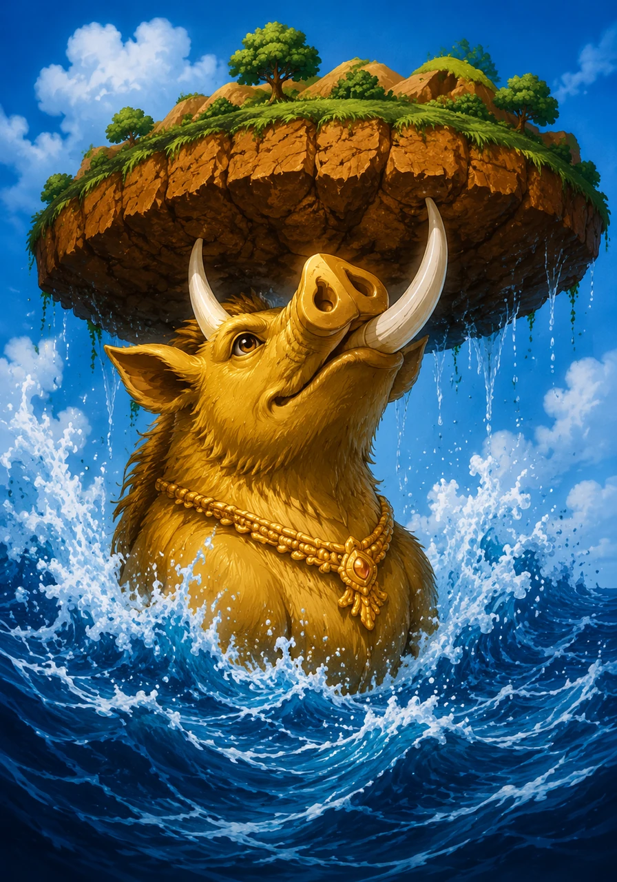 A powerful wild boar named Varaha uses his strong tusks to lift the brown earth gently from the deep, wavy water.