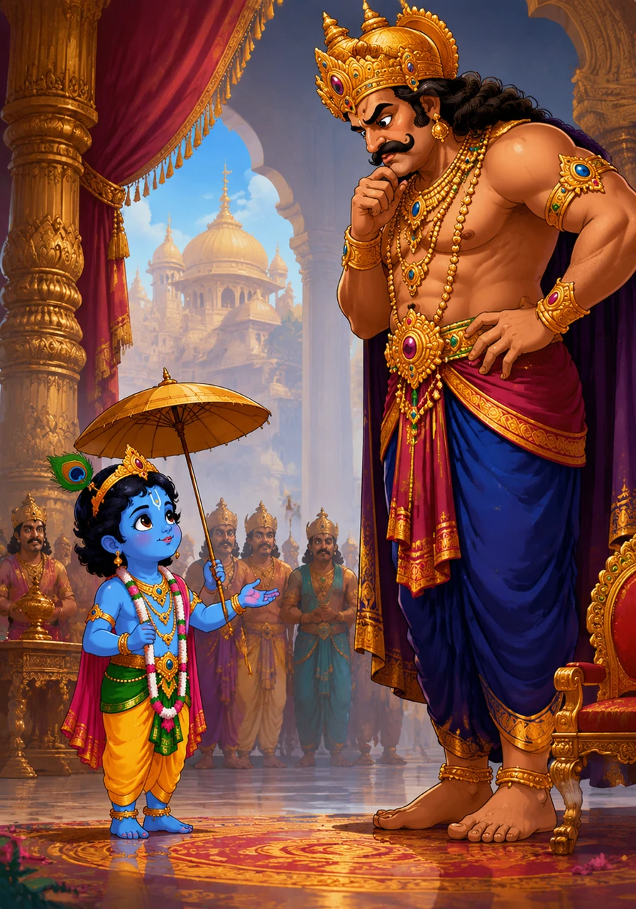 A clever little boy named Vamana holds an umbrella and asks a giant, powerful king for just three small steps of land.