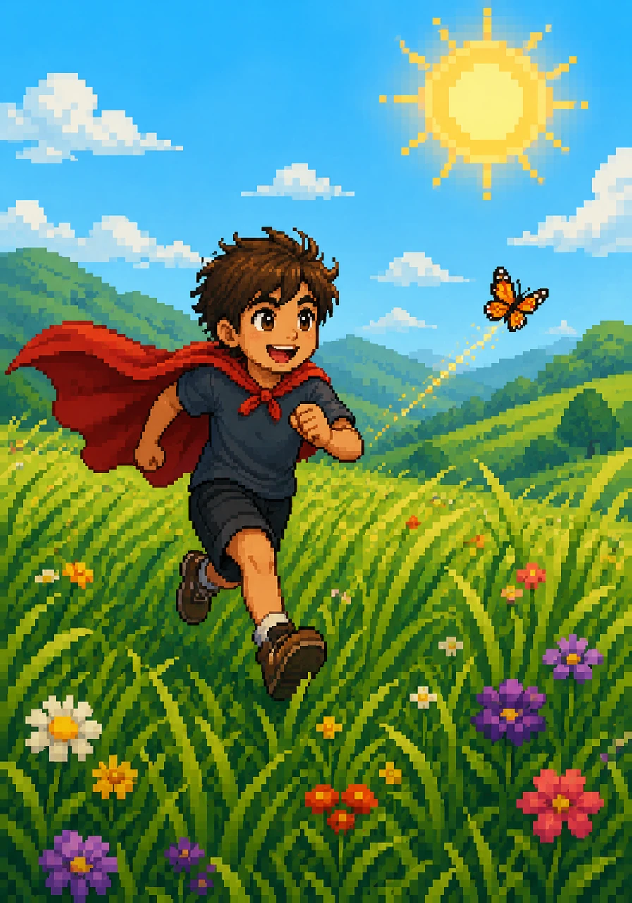 Little Leo runs through a lush green field under a bright 8-bit sun. His red cape flutters behind him as he chases a pixelated butterfly through the tall grass. To him, the afternoon feels like it will last forever.
