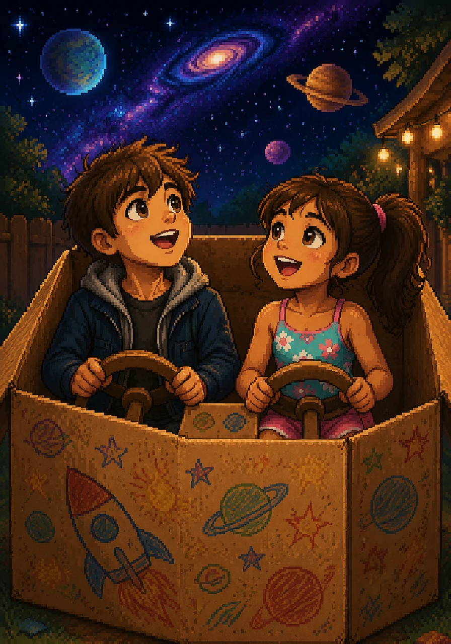Leo and his best friend Maya sit inside a giant cardboard box decorated with colorful crayon drawings. They imagine they are brave pilots navigating a vast, starry galaxy far beyond the backyard fence. The world is small, but their imagination is infinite.