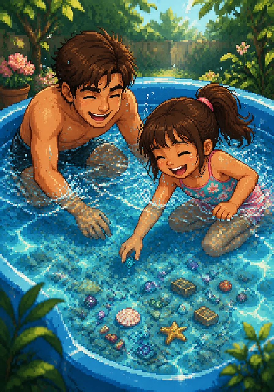 The duo spends a hot summer afternoon splashing in a plastic pool, the water sparkling like blue pixels. They laugh as they hunt for sunken treasure at the bottom of the shallow water. In their eyes, the backyard is a vast and mysterious ocean.