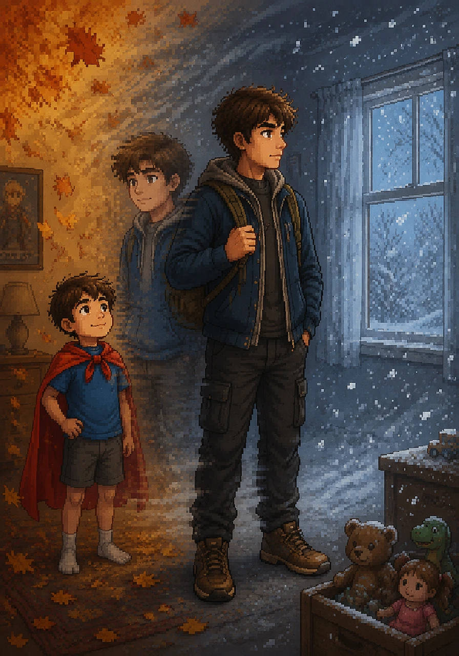 The pixelated seasons begin to change rapidly, shifting from falling autumn leaves to white winter snow in a blur of motion. Leo grows taller with every passing frame, trading his superhero cape for a heavy school backpack. The toys in the corner start to gather a thin layer of dust.
