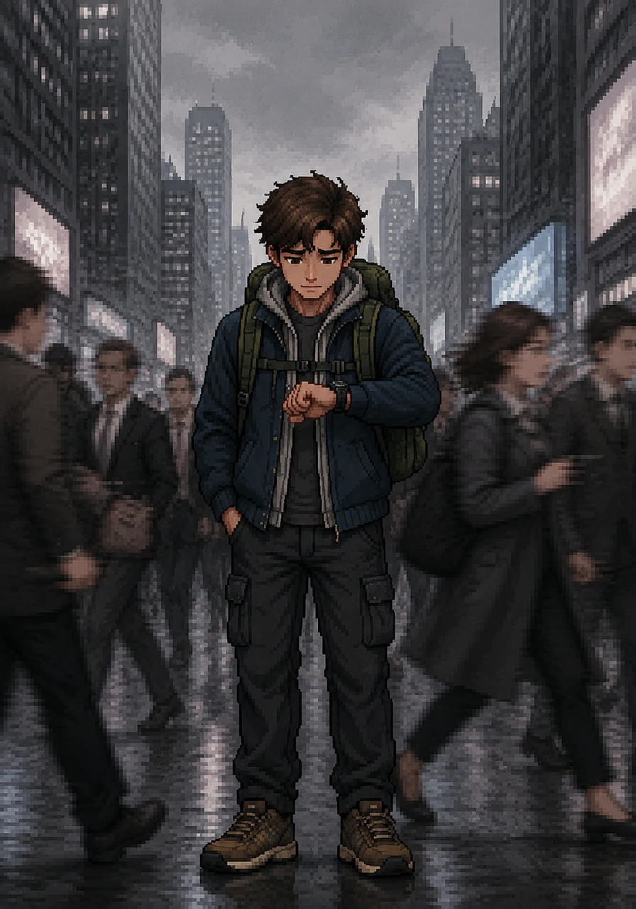 Now a young man, Leo stands on a busy city street surrounded by towering buildings and glowing neon signs. He checks his watch frequently as people rush past him in a frantic blur. The vibrant, simple colors of his childhood have been replaced by the gray tones of the urban rush.