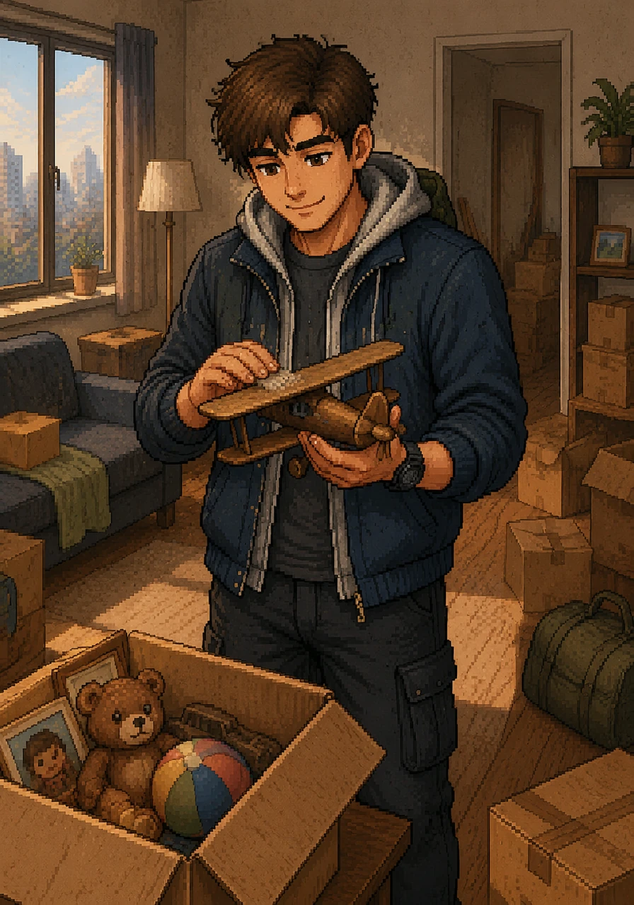 While unpacking boxes in his new apartment, Leo finds a small, worn-out wooden plane from the old cardboard fort. A sudden wave of nostalgia washes over him as he brushes the dust off its wings. For a moment, the sounds of the city fade away, replaced by the echo of childhood laughter.