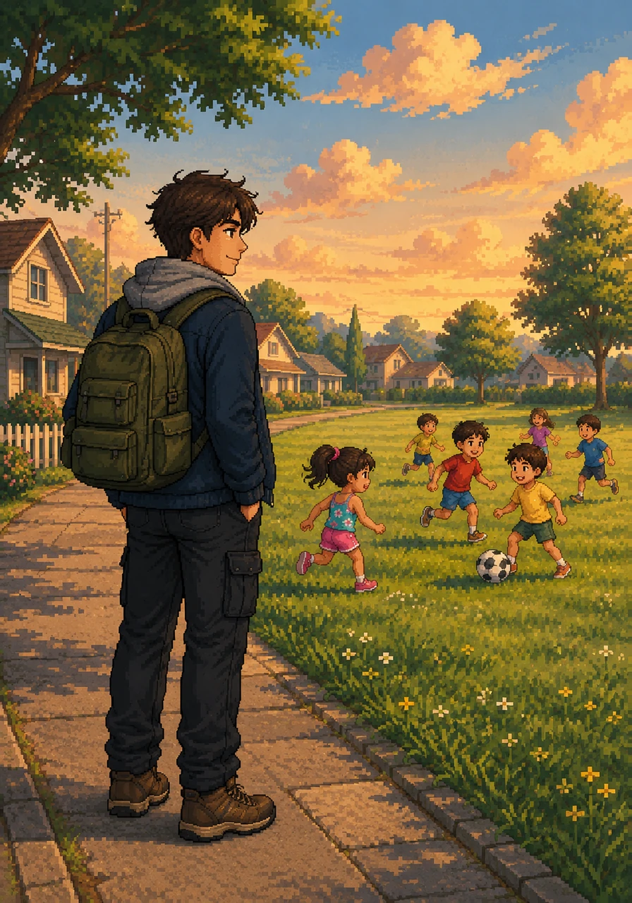 Leo decides to take a train back to his old neighborhood, walking down the familiar streets of his youth. He sees a new group of children playing in the same green field where he once wore his red cape. Their joyful shouts sound exactly like the music of his own happiest memories.